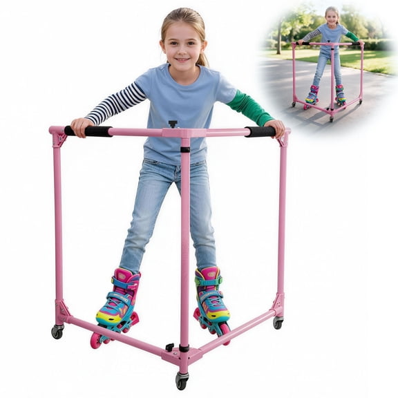 GanFindX Folding Kids Roller Skate Trainer, Adjustable Skater Aid Training Walker for Toddler Children, 30 Inch Height, Pink