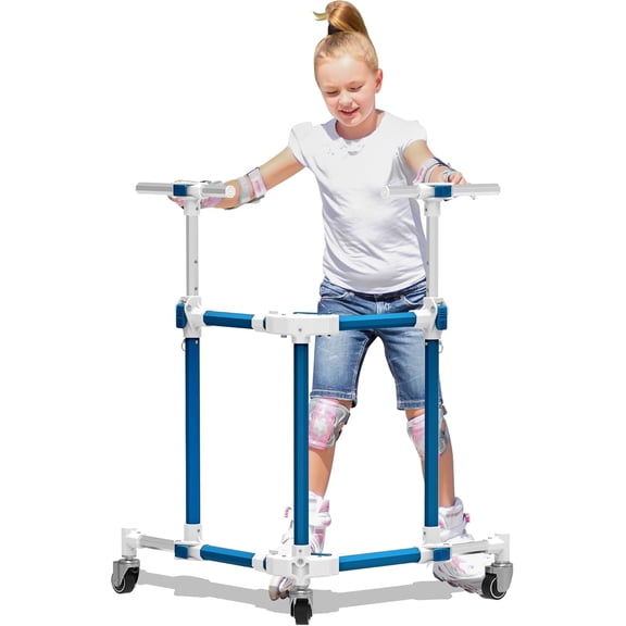 GanFindX Folding Skating Trainer for Kids Toddlers, Adjustable Height Aluminum Roller Skate Learning Aid with 3 Silent Wheels, Balance Support Walker for Beginner Skaters, Blue