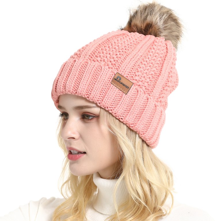 Women\'s Winter Dark Pink Beanie Fleece Lined Skull Faux Fur Pom Cuff Hat Cap C.C. Beanie Hat Skull Cap Salmon Pink Fuzzy Faux Fur Pom  main image 2