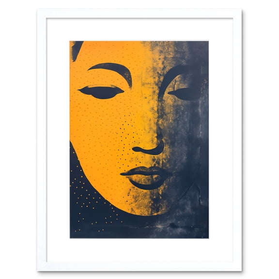 Gandhara Buddha Face in Indigo Blue and Amber Abstract Minimalist Risograph Artwork Framed Wall Art Print 9X7 Inch