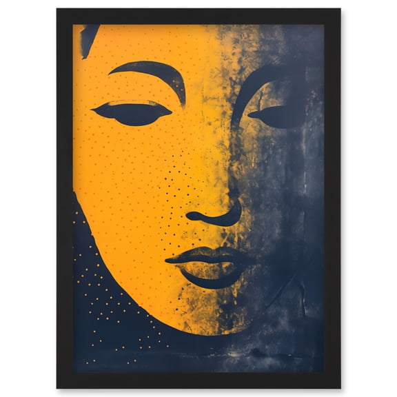 Gandhara Buddha Face in Indigo Blue and Amber Abstract Minimalist Risograph Artwork Framed Wall Art Print A4