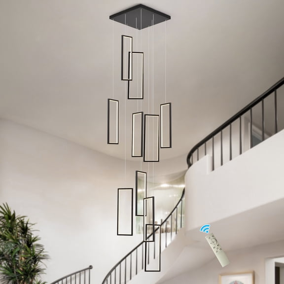 Ganeed 10-Light Rectangular LED Staircase Chandelier, 3000K-6500K Dimmable Remote Control Pendant Light, Aluminum PVC Shade High Ceiling Light for Villa Duplex Dining Hallway