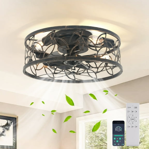 Ganeed 18 Inch Caged Ceiling Fans with Lights, Bronze Flush Mount Ceiling Fan with Remote, Low Profile Bladeless Ceiling Fan Light Fixture for Bedroom, Kitchen, Dining Room
