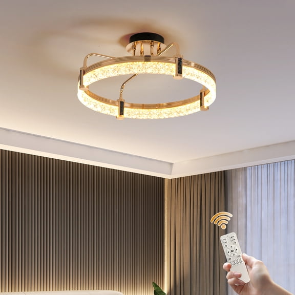Ganeed 19.6 in Gold Crystal LED Ceiling Light with Remote, Dimmable Flush Mount Ceiling Fixture, 44W Modern Ceiling Light for Living Room, Dining Room