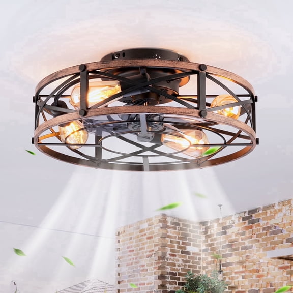 Ganeed 19" Farmhouse Flush Mount Caged Ceiling Fans with Lights, 6 Speeds, Rustic Low Profile Ceiling Fan with Light and Remote, Small Bladeless Ceiling Fans with Lights for Kitchen, Bedroom