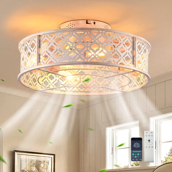Ganeed 20" Caged Ceiling Fans with Lights Flush Mount Ceiling Fan with Remote,Small White Low Profile Bladeless Ceiling Fan Light Fixture for Bedroom, Kitchen, Dining Room,6 Speeds