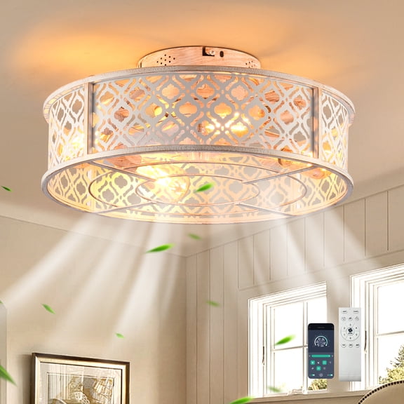 Ganeed 20" Caged Ceiling Fans with Lights Flush Mount Ceiling Fan with Remote,Small White Low Profile Bladeless Ceiling Fan Light Fixture for Bedroom, Kitchen, Dining Room,6 Speeds