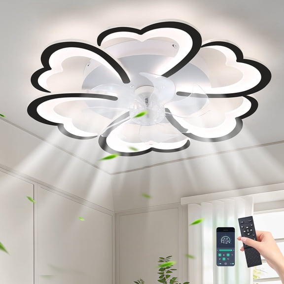 Ganeed 26.77" Black Flower Ceiling Fan with Light Remote Control, 3 Light Color 6 Speeds Modern Flush Mount Enclosed Low Profile Dimmable Indoor Ceiling Fan Light for Bedroom