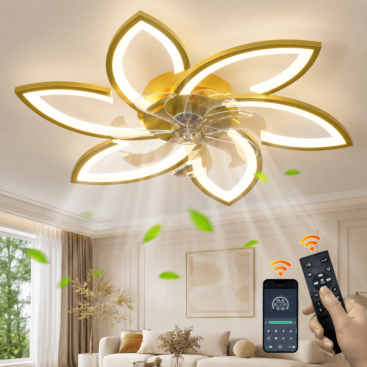 Ganeed 30.7" Bladeless Ceiling Fan with Light and Remote Control, Gold Low Profile Flush Mount Ceiling Fan 3 Color 6 Speed for Bedroom Living Dining Room Kitchen