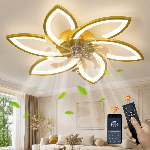 Ganeed 30.7" Bladeless Ceiling Fan with Light and Remote Control, Gold Low Profile Flush Mount Ceiling Fan 3 Color 6 Speed for Bedroom Living Dining Room Kitchen