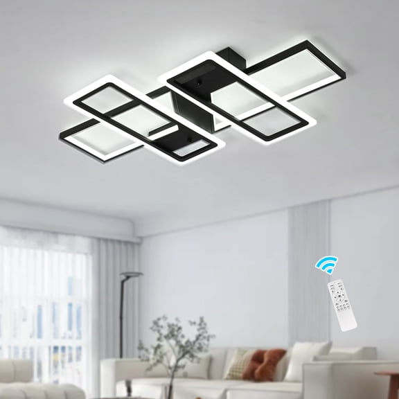 Ganeed 35.4 in Black Rectangle LED Ceiling Light with Remote, Dimmable Flush Mount Ceiling Fixture, Modern Ceiling Light for Living Room, Dining Room, Bedroom