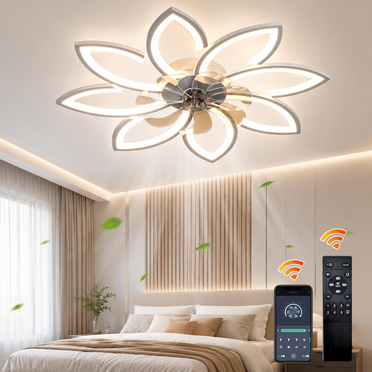 Ganeed 35.4" Ceiling Fan with Lights Remote Control, Modern Low Profile Flush Mount Ceiling Fan with Lights, Dimmable Ceiling Fans 3 Color 6 Speed for Bedroom Living Dining Room Kitchen - White