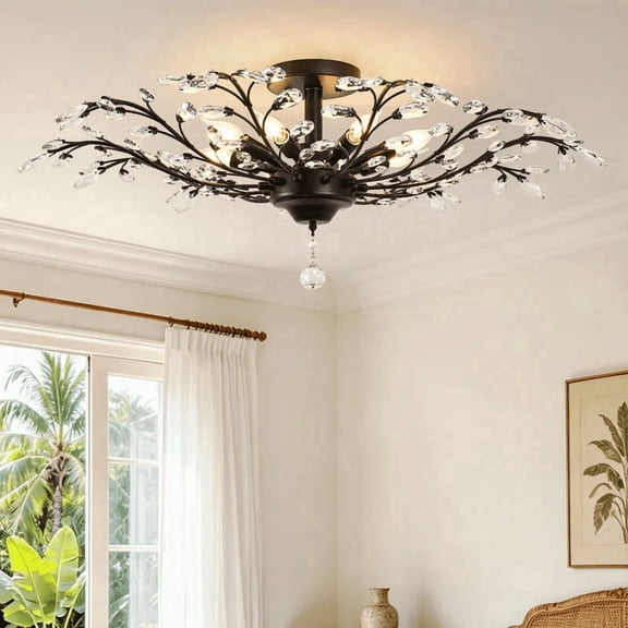 Ganeed 37.4 in. 8-Light Black Crystal Semi Flush Mount Ceiling Light, Oval Crystal Iron Frame E12 Socket Dimmable Lighting Fixture Easy Install for Living Room Dining Hallway