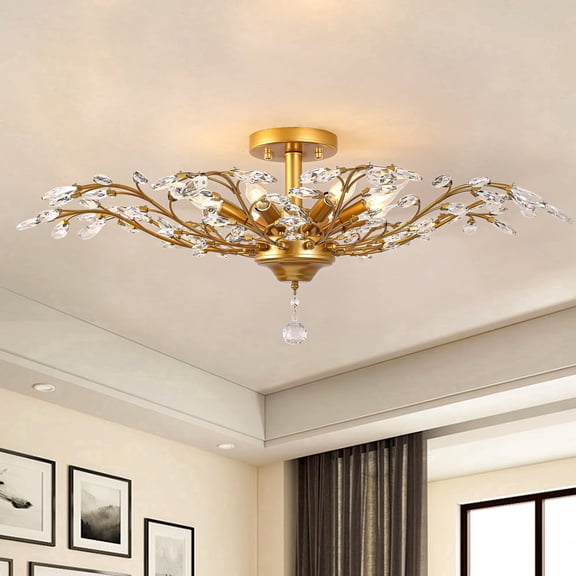 Ganeed 37.4 in. 8-Light Gold Crystal Semi Flush Mount Ceiling Light, Oval Crystal Iron Frame E12 Socket Dimmable Lighting Fixture Easy Install for Living Room Dining Hallway