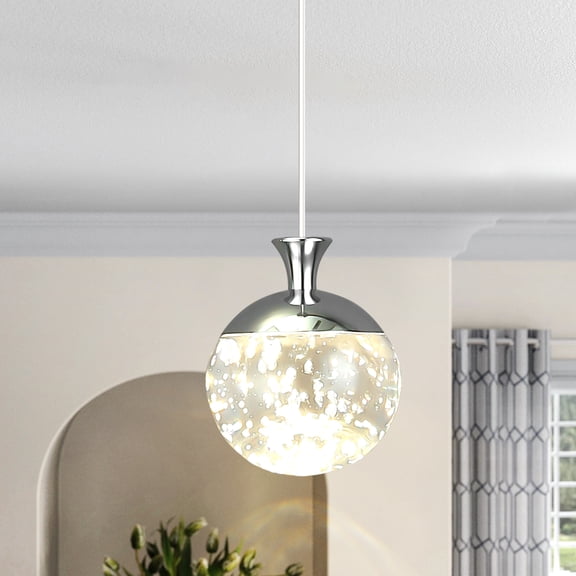 Ganeed 7W 700LM K9 Crystal Pendant Light, Chrome Finish Bubble Crystal Shade 3500K Warm Light, 70.8in Adjustable Hanging Cord for Kitchen Island Bar Hallway