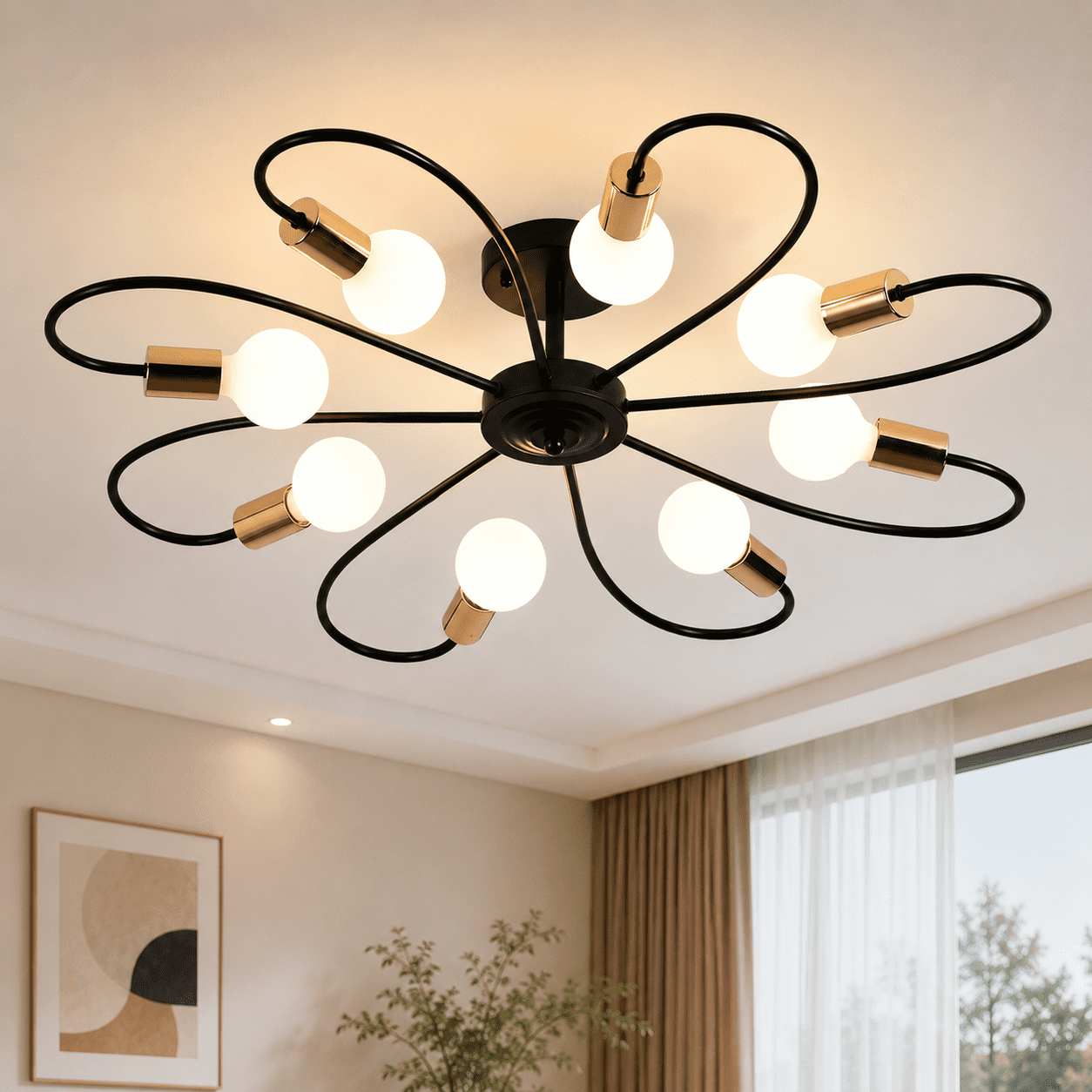 Ganeed 8-Light Semi Flush Ceiling Light, Modern Sputnik Chandeliers , Industrial Vintage Ceiling Lamp Fixture for Kitchen Dining Living Room Bedroom (Black&Gold)