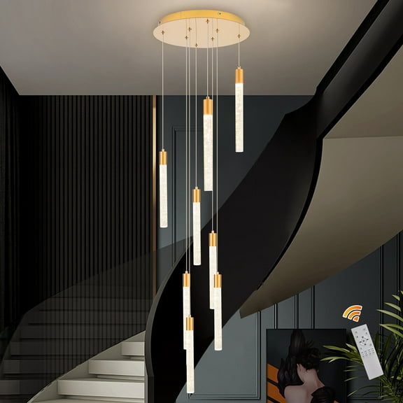 Ganeed 8-Lights Chandelier Modern Crystal Tubes Light Remote Timer, Dimmable Pendant Lighting for Kitchen Island Dining Room Shiny Gold Light Adjustable Height(3000K–6500K)