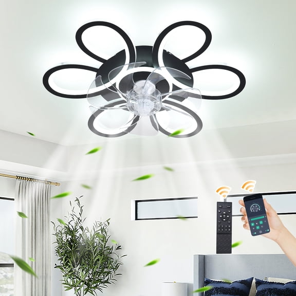 Ganeed Black Ceiling Fan with Lights, Modern Dimmable LED Flush Mount Ceiling Fan, 6-Speed Reversible Quiet Fan with Remote Control for Living Room and Bedroom