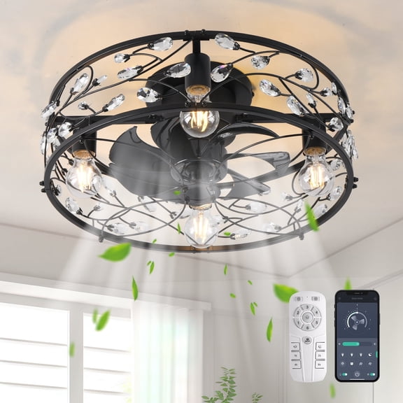 Ganeed Caged Ceiling Fan with Light, Black Industrial Bladeless Ceiling Fans with Remote, Flush Mount Low Profile Ceiling Fan Fixtures for Home Office,Kitchen, Bedroom,Assembly Require
