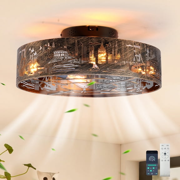 Ganeed Caged Ceiling Fans with Lights Flush Mount,Low Profile Ceiling Fan with Remote,20 Inch Farmhouse Bronze Fan for Bedroom,6 Speeds Reversible Enclosed Fandalier Ceiling Fan