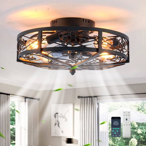 Ganeed Caged Flush Mount Ceiling Fan with Lights, Farmhouse Rustic Bladeless Ceiling Fans with Lights and Remote, Low Profile Small Enclosed Ceiling Fan with Light for Bedroom, Kitchen, Black
