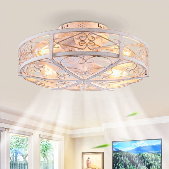 Ganeed Caged Flush Mount Ceiling Fan with Lights, Farmhouse Rustic Bladeless Ceiling Fans with Lights and Remote, Low Profile Small Enclosed Ceiling Fan with Light for Bedroom, Kitchen, White