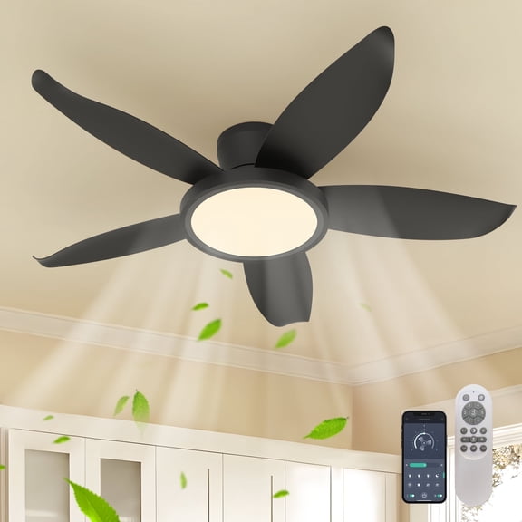 Ganeed Ceiling Fans with Lights - 42 Inch Low Profile Ceiling Fan and Remote,Flush Mount Ceiling Fan with 5 Reversible Blades 6 Wind Speeds, Black Modern Ceiling Fans for Bedroom Kitchen
