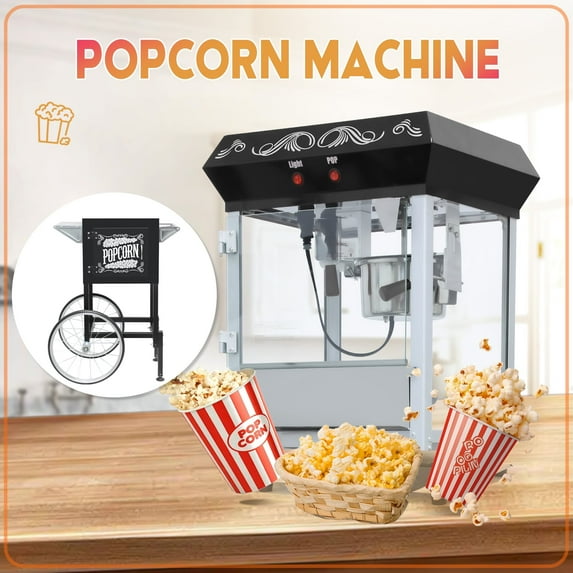 Ganeed Commercial Popcorn Machine with Cart, Wheels & 8 Oz Kettle, Popcorn Maker Machine Vintage Style Movie Theater Popcorn Popper Machine for Parties, Events, Commercial, and Home Theater-Black