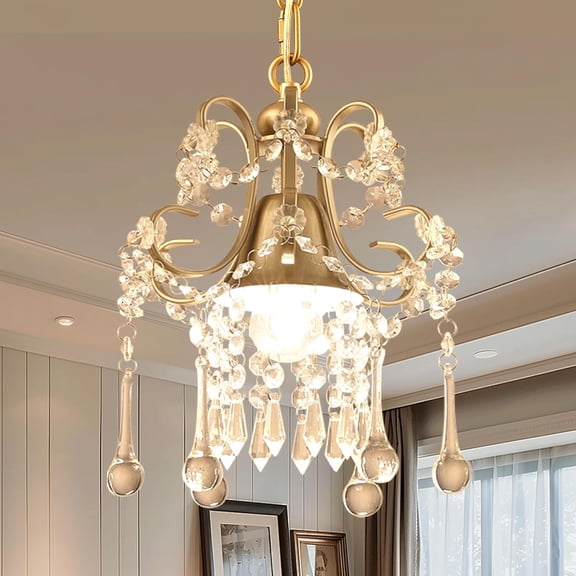 Ganeed Crystal Chandelier Gold 1-Light Pendant Empire Ceiling Light Modern Lighting Fixture for Bedroom Hallway Bar Kitchen Living Room Study E26 Base 60W Adjustable Height Pendant Light