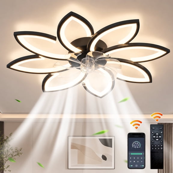 Ganeed 35.4 in Black Flower Ceiling Fan with Lights and Remote, Modern Low Profile Flush Mount Ceiling Fan, Dimmable LED Ceiling Light Fixture for Bedroom Kitchen Living Room