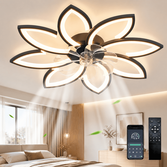 Ganeed Flower Ceiling Fans with Lights and Remote, 35.4 Inch Modern Low Profile Flush Mount Ceiling Fan, Dimmable LED Ceiling Light Fixture, Small Ceiling Fans for Bedroom, Kitchen, Indoor-Black