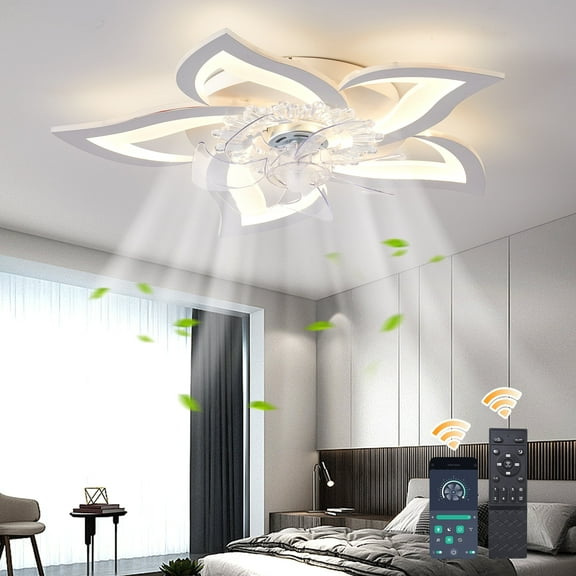 Ganeed Flower Ceiling Fans with Lights and Remote, 24'' Modern Low Profile Flush Mount, Dimmable LED Light Fixture for Bedroom, Kitchen, 50W White