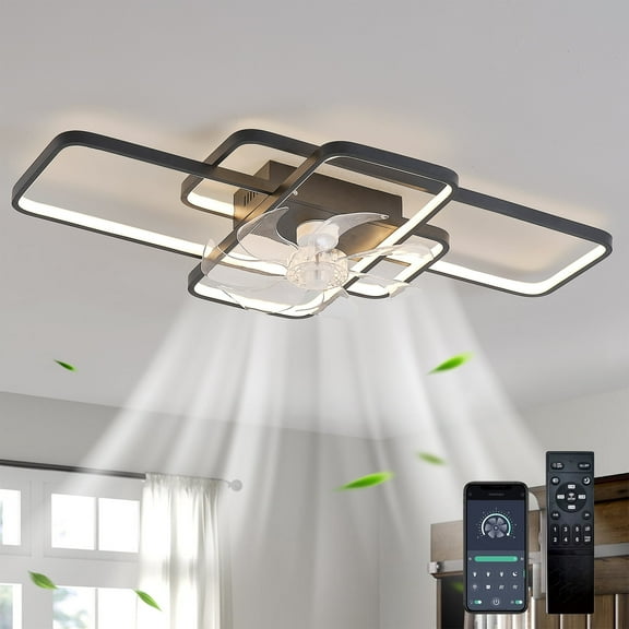 Ganeed Modern Ceiling Fans With Lights & Remote Control Black Kitchen Lighting Fixtures for Bedroom 40.5" Dimmable 3 Ring Square for Kitchen Living Room Dining Room