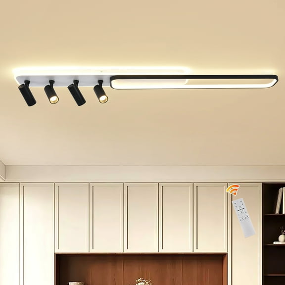 Ganeed Modern LED Ceiling Light with 4 Spotlights 65W Black Linear Ceiling Light with Remote Control Dimmable (3000-6000k) 55Inch Room Ceiling Lamp for Living Room Bedroom Kitchen Laundry Hallway