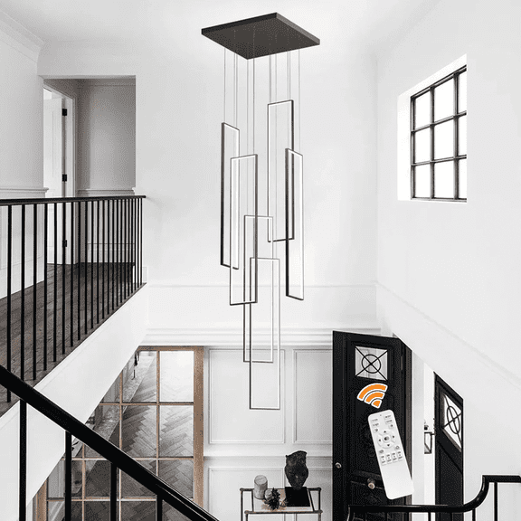 Ganeed Modern Long Chandeliers Pendant Light, Rectangular Lamp, Hanging Flush Mount Lighting Fixtures for Staircase,Foyer,Entryway,Living Room,Black (6 Lights)