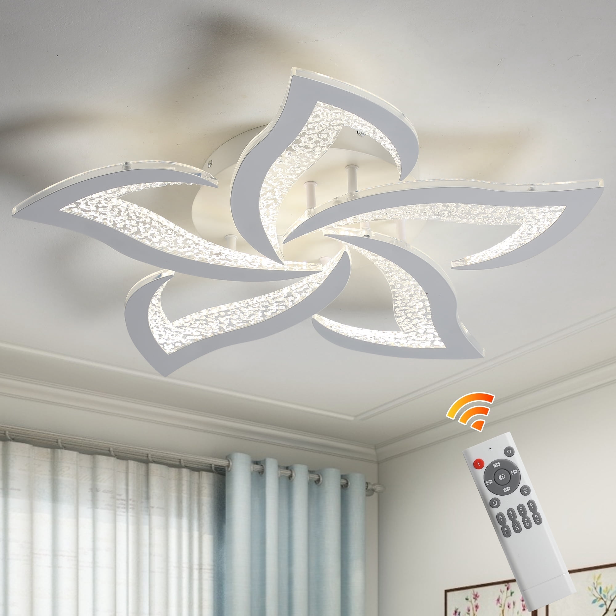 Ganeed Modern White Ceiling Light, 23.6in Dimmable LED Flush Mount, Acrylic Flower Remote Control Lamp for Living Room Dining Bedroom Kitchen