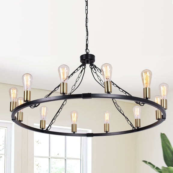 Ganeed Wagon Wheel Chandelier, 12-Lights Black Farmhouse Chandeliers for Dining Room, 39'' Industrial Dining Room Light Fixture for Kitchen Island Living Room Foyer