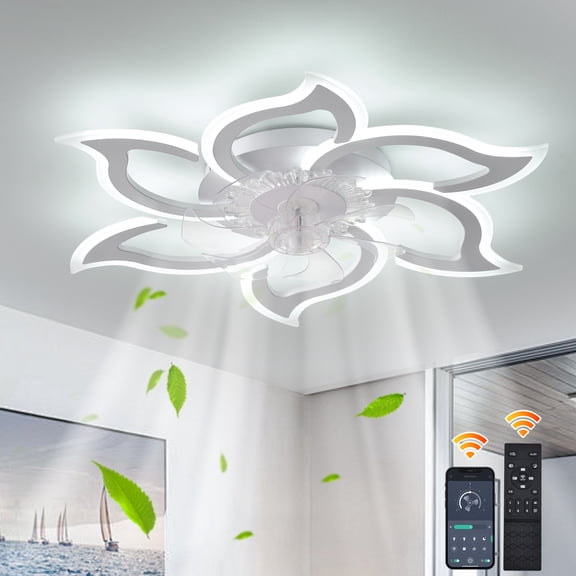 Garwarm Flower Ceiling Fans with Lights and Remote, 33 Inch Modern Low Profile Flush Mount Ceiling Fan, Dimmable LED Ceiling Light Fixture, Small Ceiling Fans for Bedroom, Kitchen, Indoor-White