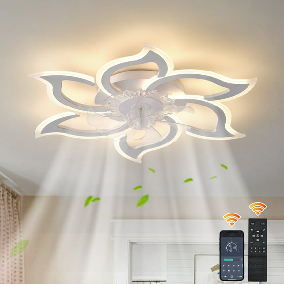 Garwarm Flower Ceiling Fans with Lights and Remote, 33 Inch Modern Low Profile Flush Mount Ceiling Fan, Dimmable LED Ceiling Light Fixture, Small Ceiling Fans for Bedroom, Kitchen, Indoor-White
