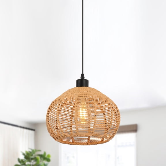 Ganeed Woven Pendant Light Boho Chandelier Light Fixtures, Rattan Pendant Lights Kitchen Island, Farmhouse Pendant Lighting with Hand Woven Shade, Ceiling Hanging Light