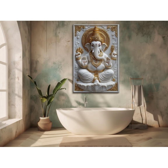 Ganesh 3D Illusion Canvas Print, White Marble Ganesha Statue Art, Hindu Spiritual Wall Decor, Modern Indian God Art, Ready To Hang, Unframed Poster Size 8x12
