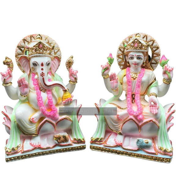 Ganesh Laxmi Statue Marble Murti Large 9 inches Gold Leaf Work Ganpati Laxmi Figurine Vinayak deity Laxmi Goddess Large Big White Elephant Head God Best Housewarming Gift Sculpture For Diwali Pooja