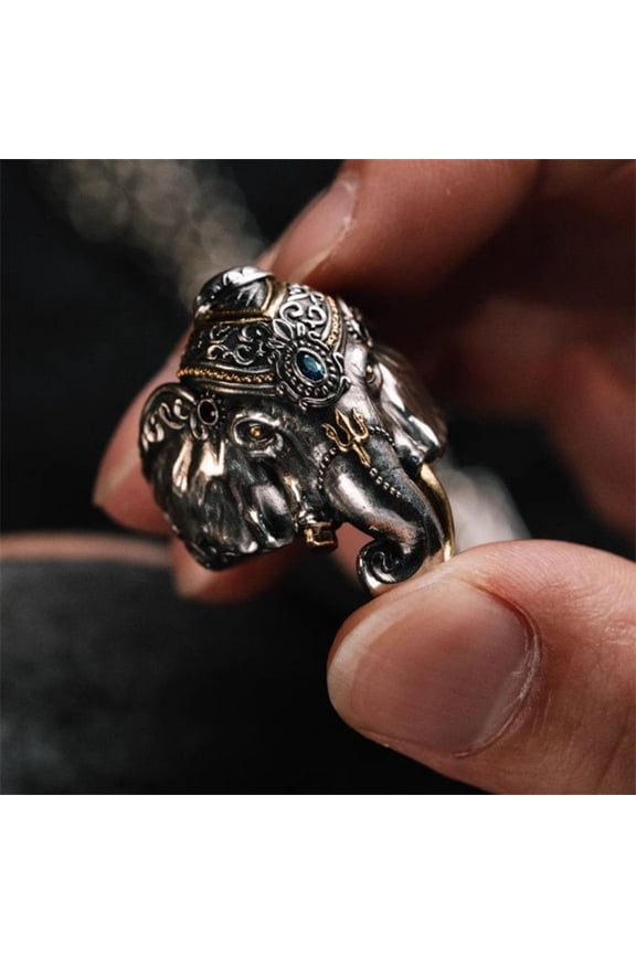Ganesha Broken Tusk Ring for Men Chinese Style Wide Band Vintage Statement Jewelry Spiritual Amulet Gift
