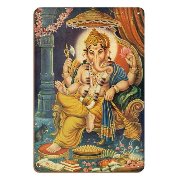 Ganesha - India - Hindu Lord Ganesh Remover of Obstacles - Vintage Religious Art - 8 x 12 inch Vintage Wood Art Sign