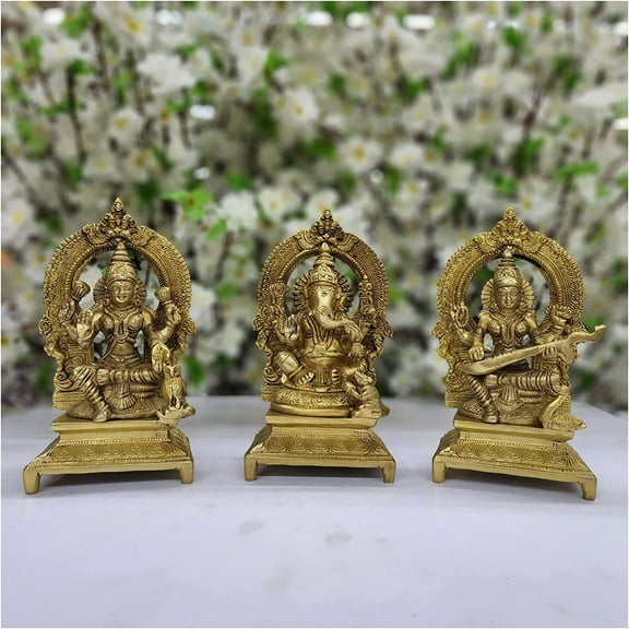 Ganesha Lakshmi Saraswati Statue in Brass Lord Ganesha Idol Lakshmi Ma Sculpture Saraswati Ma Figurine Hindu God Statue Handmade Goddess Statue Indian Idol Handcrafted Home Decor - AtoZ India Cart