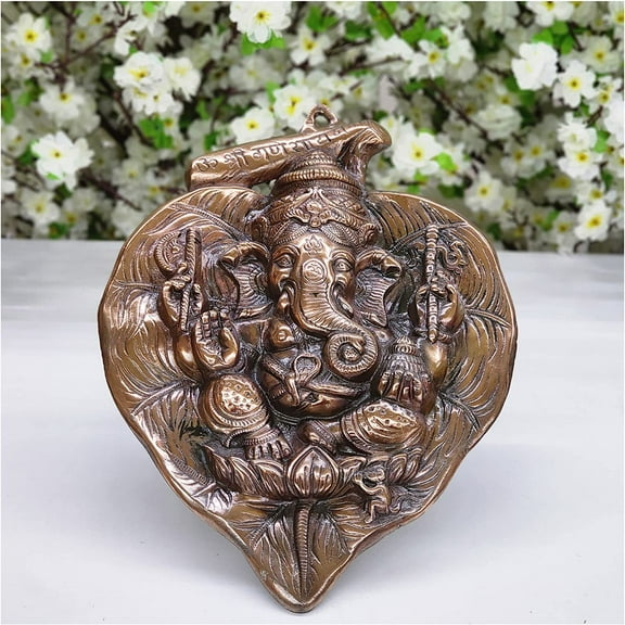 Ganesha on Leaf for Wall Hanging Lord Ganesha Wall Decor Hindu Wall Art Bronze Ganesh Hanging Statue Pooja Room Decor Indian Temple Decor Ganesha Idol for Indian Decor Gift - AtoZ India Cart