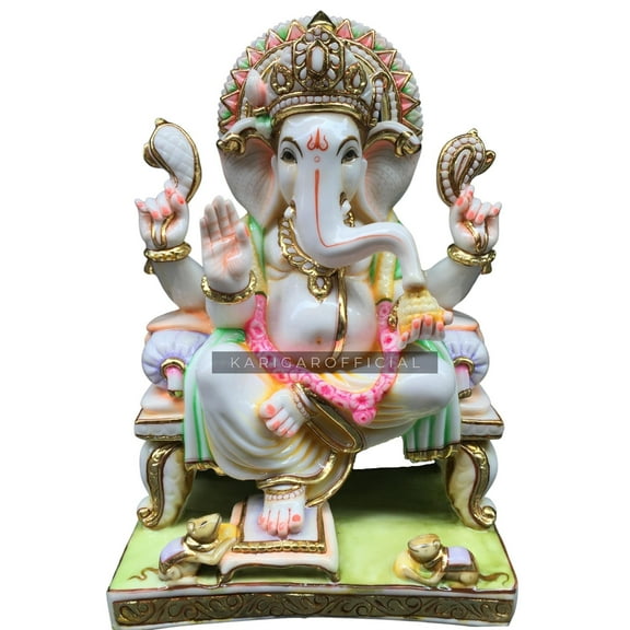 Ganesha Murti Statue 18 inches Gold Leaf Work Ganpati Figurine Marble Ganapati Idol Vinayak Ganesha Statue Marble Large Big White Elephant Head God Best Housewarming Gift Sculpture Home First Ganesha