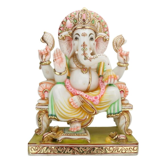 Ganesha Murti Statue 18 inches Golden Leaf Work Ganpati Figurine Marble Ganapati Idol Vinayak Deity Ganesha Statue Marble Large Big White Elephant Head God Home Decor Gift Sculpture Home First Ganesha