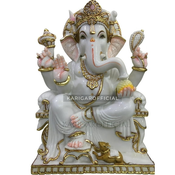 Ganesha Murti Statue 24 inches Gold Leaf Work Ganpati Figurine Marble Ganapati Idol Vinayak Deity Ganesha Statue Marble Large Big White Elephant Head God Home Decor Gift Sculpture Home First Ganesha