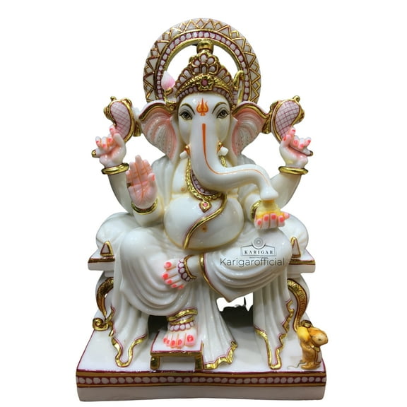 Ganesha Murti Statue Large 18 inches White Golden Leaf Work Ganpati Figurine Marble Ganapati Idol Vinayak Deity Ganesha Marble Big White Elephant Head God Home Decor Sculpture Home First Ganesha Gifts
